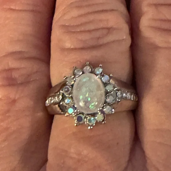 Opal Sunflower, Lab created, Flower Shape, Side Cubic Zirconia Fairy Ring, Sz 7 - Picture 12 of 13